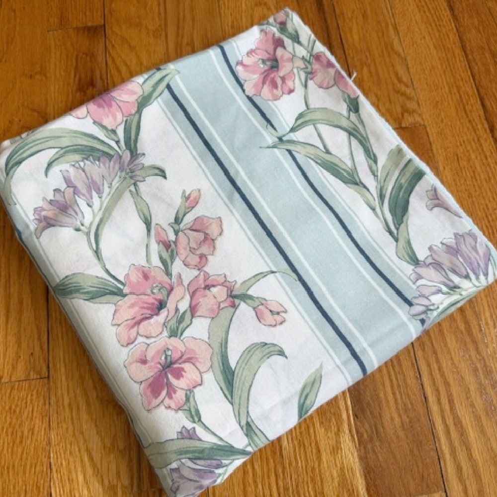 Vintage Full Size Flat Sheet with blue cottagecore shabby chic floral stripe